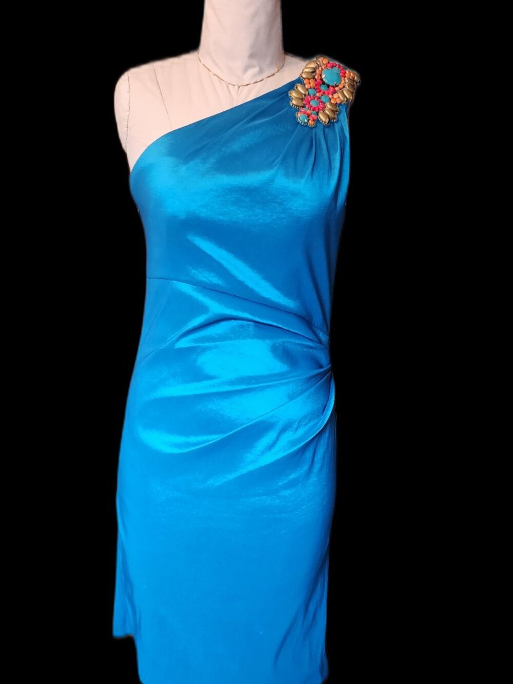 Badgley Mischka Cocktail Dress, Teal, One Shoulder, Stone Accents, size 6